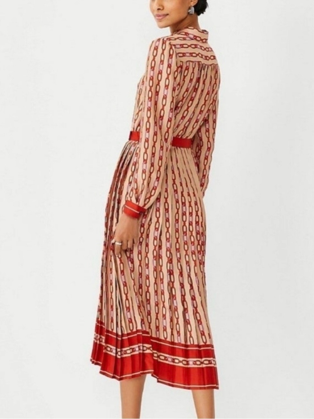 Ann Taylor Red and Cream Patterned Belted Midi Dress - Picture 2 of 11